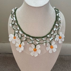 Handmade Daisy Floral Necklace, Crochet Statement Necklace